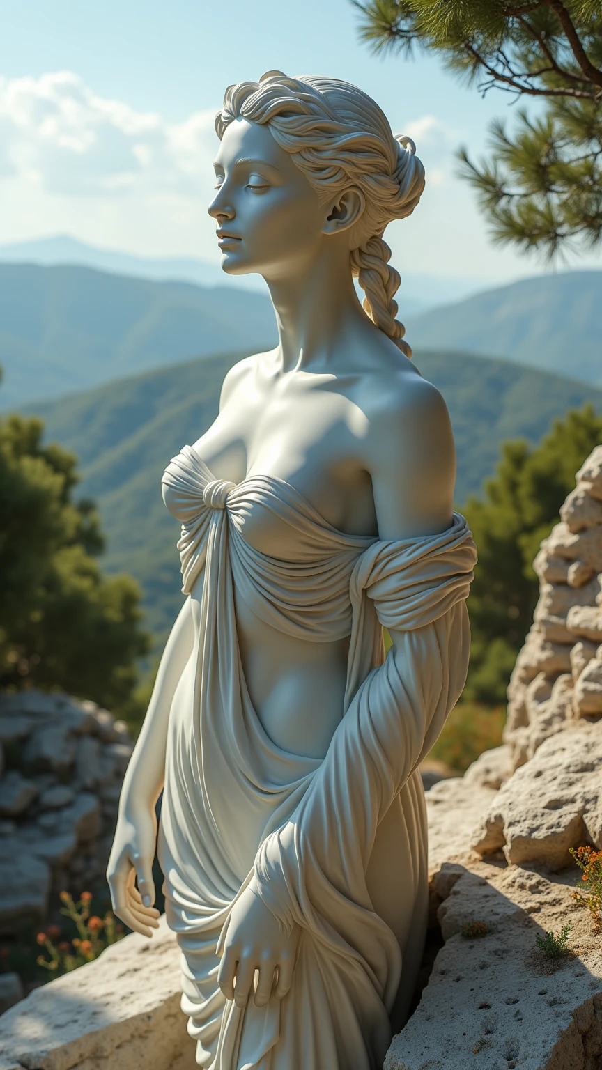 Extreme close-up of a hyper-realistic Greek white marble statue of a beautiful nude Greek goddess, this one sitting on a pedestal, hair in a ponytail, legs open, legs wide open, prominent breasts and buttocks, hairless vagina, sample vagina, full body image, 8k. Against the backdrop of a beautiful garden, golden hour