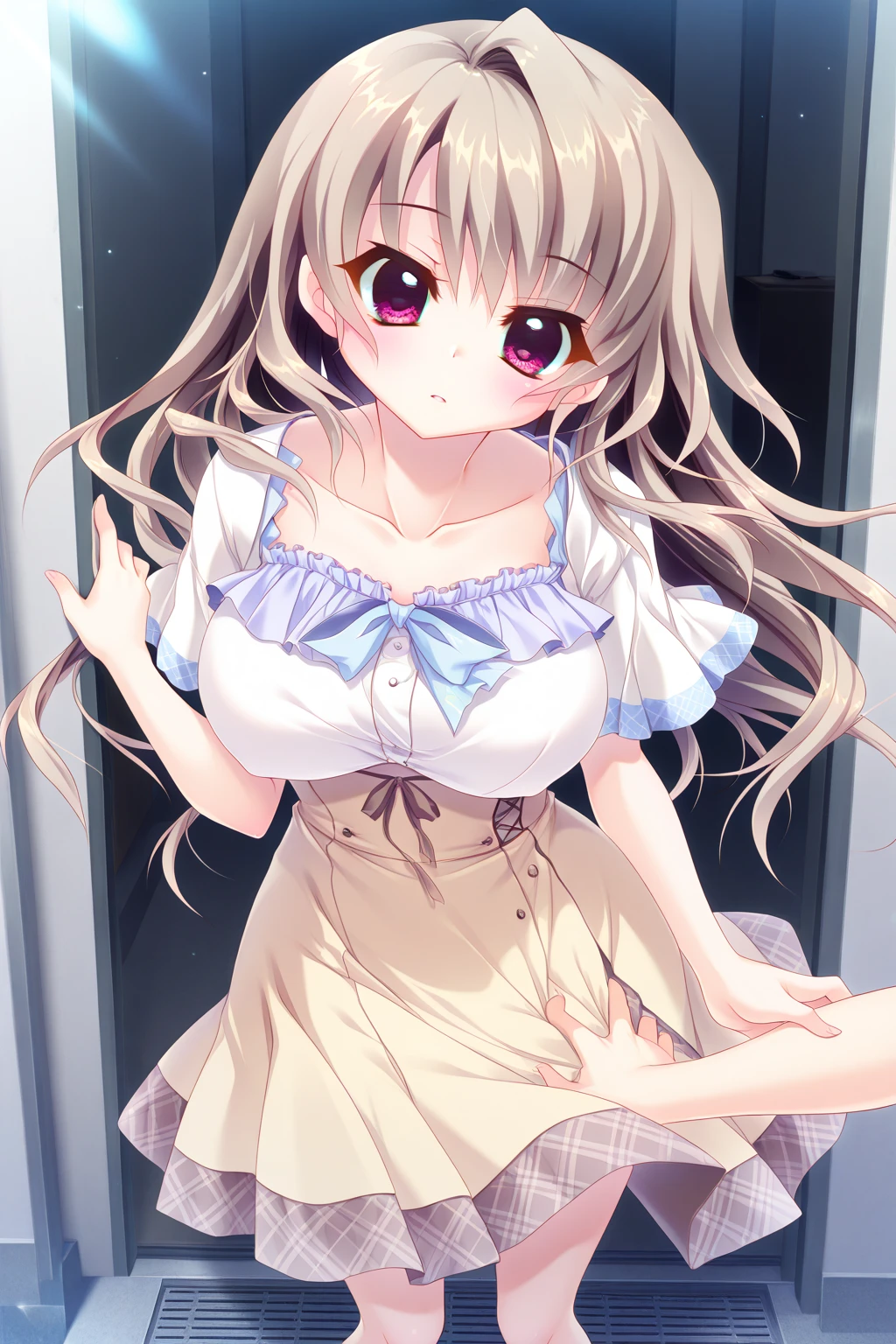 Mai Sakurajima in Rascal Does Not Dream of Bunny Girl Senpai, one pretty woman, light brown hair, white sailor dress, brown eyes, hands on chest, wet and see through, hard Nipple erection:1.9, Through nipple, looking at viewer, shy, (masterpiece, top quality, best quality, official art, (beautiful and aesthetic:1.2), (1 girl), extreme detailed, colorful, highest detailed, (medium breasts), upper body, from below, cameltoe:1.3, detailed white thong lace panties, skirt lift:1.2, underboob, city street, sun, cloud, wall, leaning, perfect proportion:1.2,