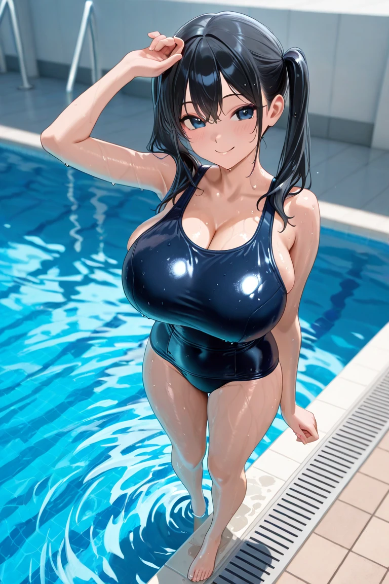beautiful girl、high school girl、wet black hair、Shy expression、blush、Navy blue school swimsuit、big breast body shape、Japan School Pool、Water Drop、Wet Skin、Wet swimsuit