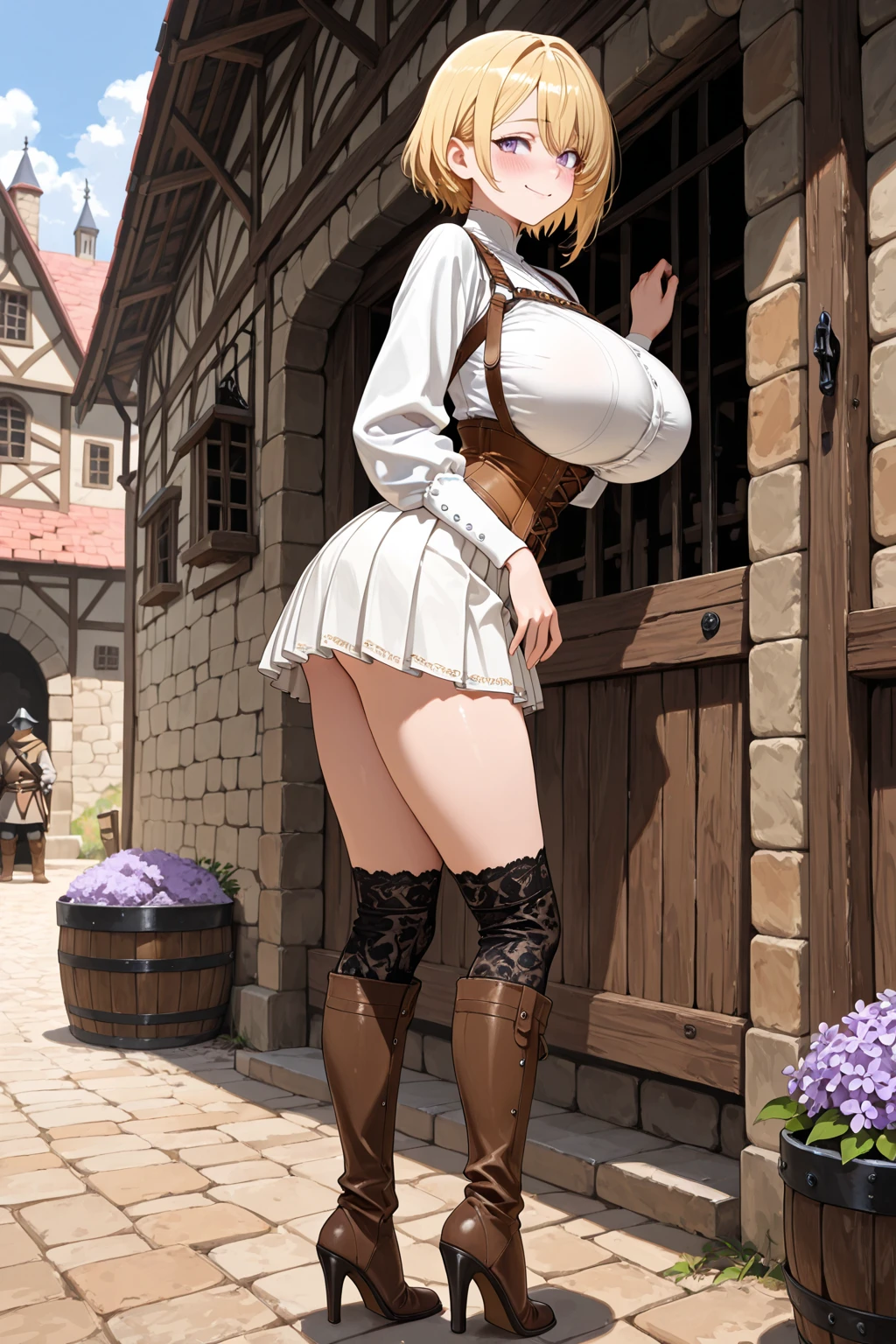 (masterpiece), best quality, (SHARP details), big breasts, big ass, 4k, ((mature woman)), (SHARP detail perfect face), braided hair, (pubic hair), detailed skin, (((standig))), very detailed pussy, (skirt lift), (presenting pussy), (fellatio gesture), come hither, ((village girl)), carrying flower basket, (prostitution),