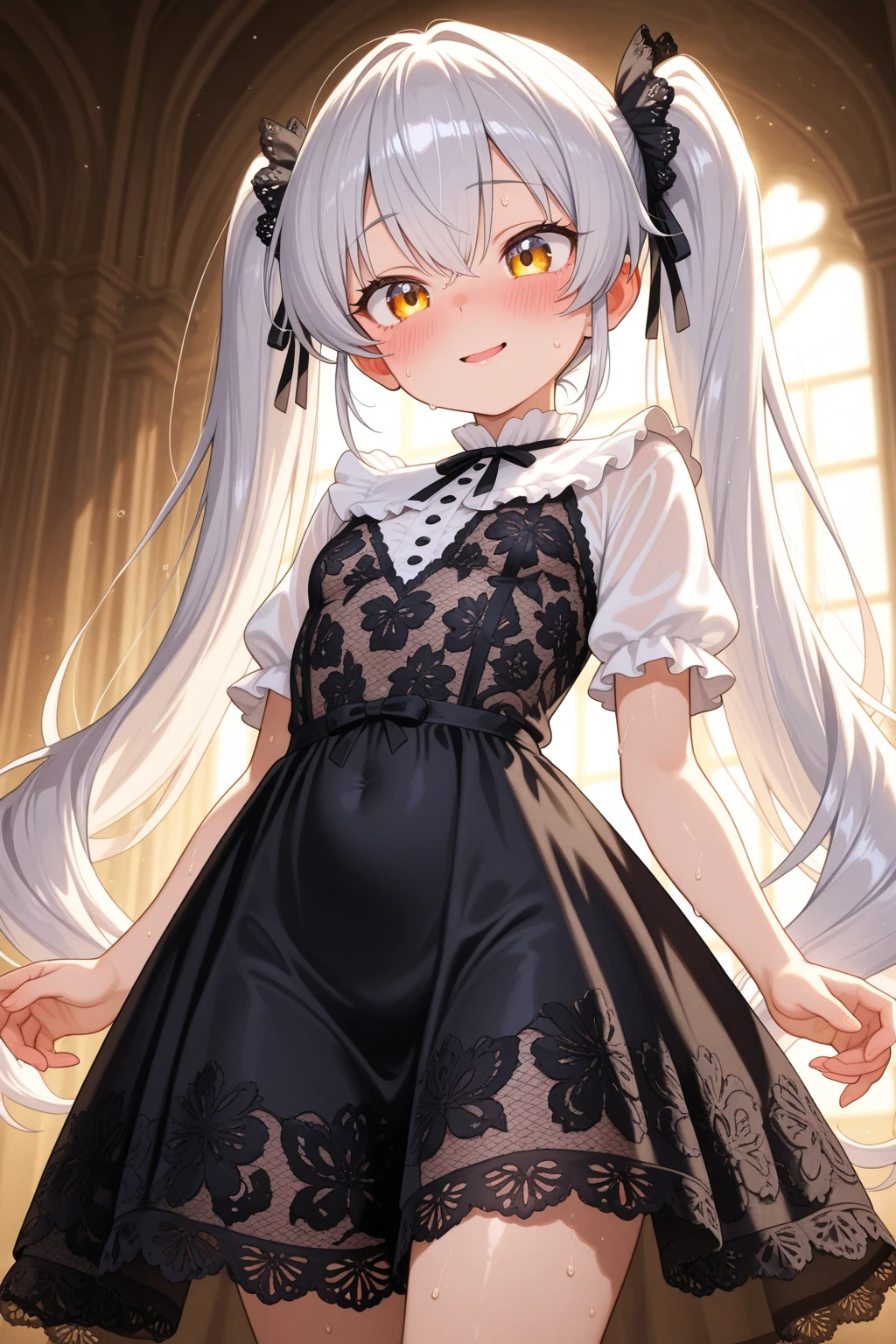 （Masterpiece，best qualtiy，A high resolution：1.5），1girl，high school senior，white skinned，Gray-black pupils，twintails，lacepantyhose，shift dresses，Delicate face，School Background，The light is bright，Sora Kasugano，Animated illustration style，pixiv popular