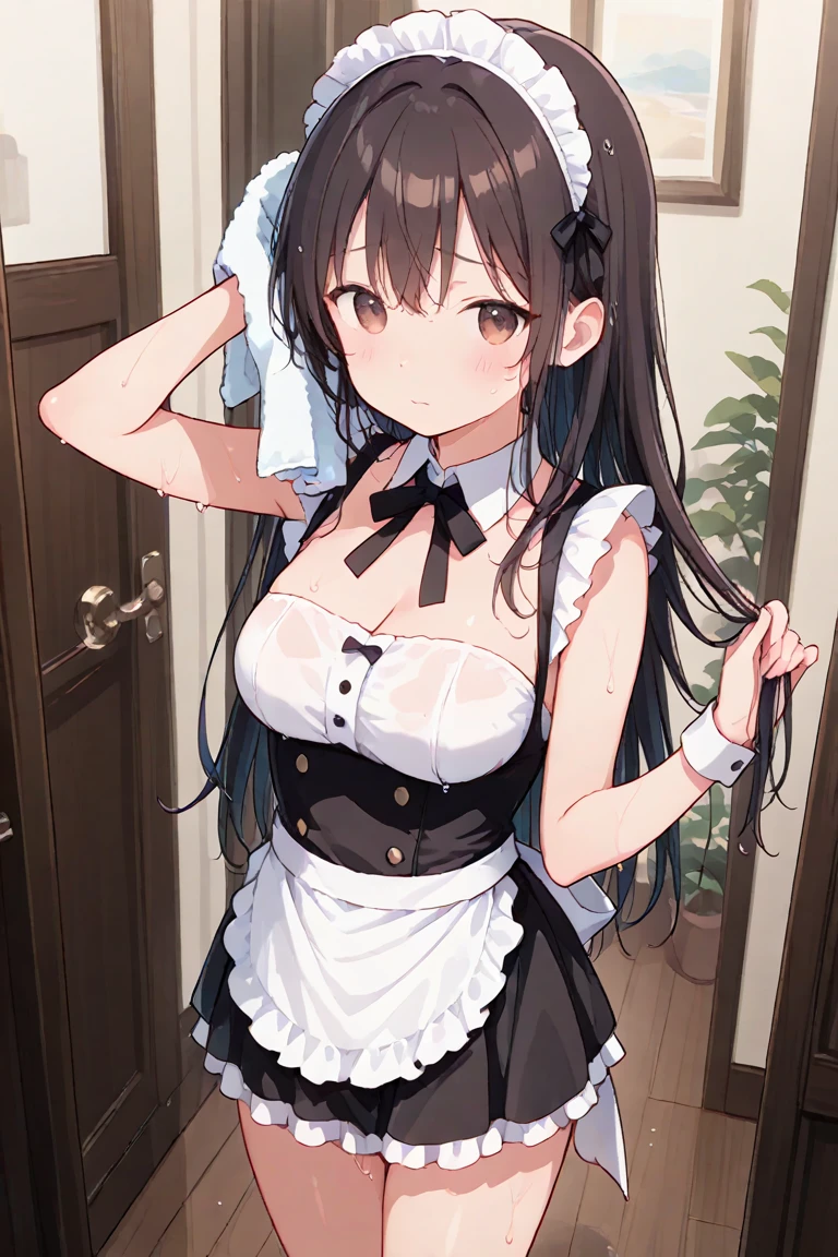 (best quality,high resolution),solo,cute girl, shirt-lift,lift by self widely,(maid apron),(maid skirt), small breasts,(no bra), cafe