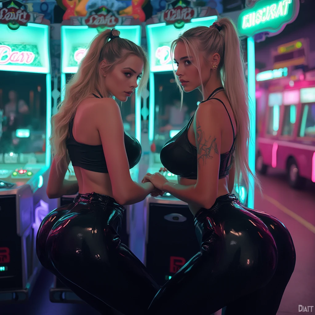 A real photo in raw, a beautiful 36-year-old latina Brunette, luminous, tattoos, neon rim lights, neon signs, glowing lights, huge breasts, hug ass, wet skin, indoors, beautiful face, harmonic face, best quality, sexy look, gold hoop earrings, diamond tennis necklace, full lips,
