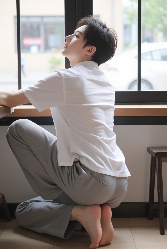from behind, ((((super sharp focus)))), sitting, (((hairy legs))), hairy legs, toned legs, whole body, two block, Messy short hair, long legs, Japan male, 27 years old, wearing beige shorts, wearing a black T-shirt, very short hair, black hair