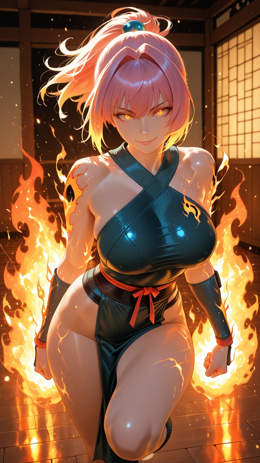 Prompt 

detailed illustration, (front view), (side view),dynamic angle, ultra-detailed, illustration, clean line art, shading, anime, detailed eyes, detailed face, beautiful face, dramatic lighting, detailed illustration, dynamic angle, ultra-detailed, illustration, single woman 

Fit, toned abs, ((volleyball shorts)), ((fundoshi breast wrap)), big round ass, big tits, caramel tan skin, dark skin tone, wide hips, narrow waist, thunder thighs, (blazing blonde hair), (glowing eyes), glowing sclera, muay thai wraps, strong biceps, sweat, ((bandaged breasts)), flaming hair, hair is fire, flames rolling down skin, clothes catching on fire, embers, sweats fire, sweat is fire, tan lines, Hispanic, Latina, tight pants, bandage wrapped around chest, brown skin, angry, mad, yelling, fists on fire, fighting, fire, flaming fists, fire shooting out of eyes, sweating fire, sweat’s little embers, massive breasts, big tits, , bubble butt, massive ass, flames in hair, hair on fire,