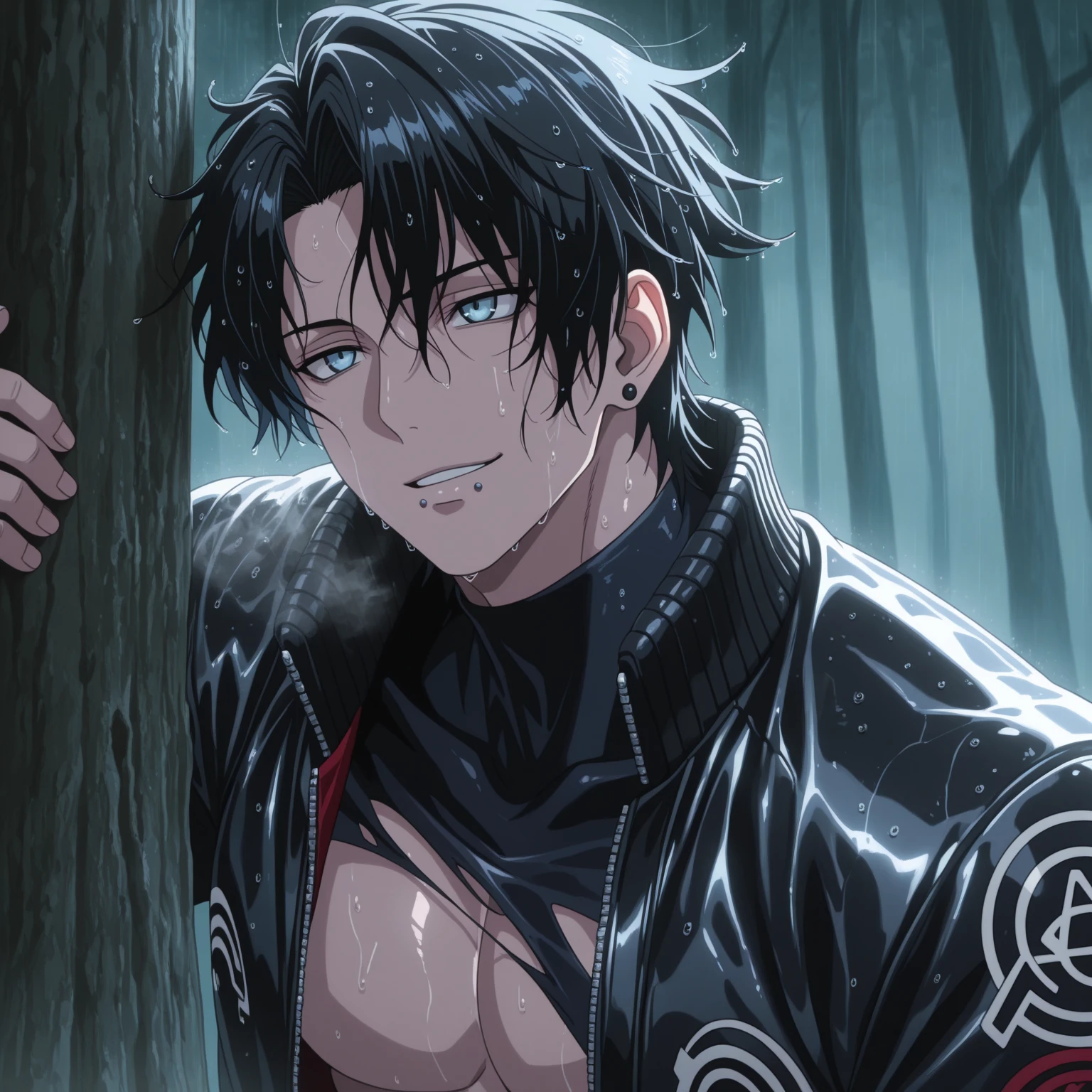 1boy, clive, clive_outfit, black hair,  detailed face, hd, 8k, intricate details, volumetric lighting, photorealistic, detailed, tall grass, lustful forest, grassy fields, outside a wooden cabin, sitting in bench, penis, glans, testicles, precum, cumshot , excessive cum, cum in penis, ahegao, tongue out, blush, night, moon, close-up