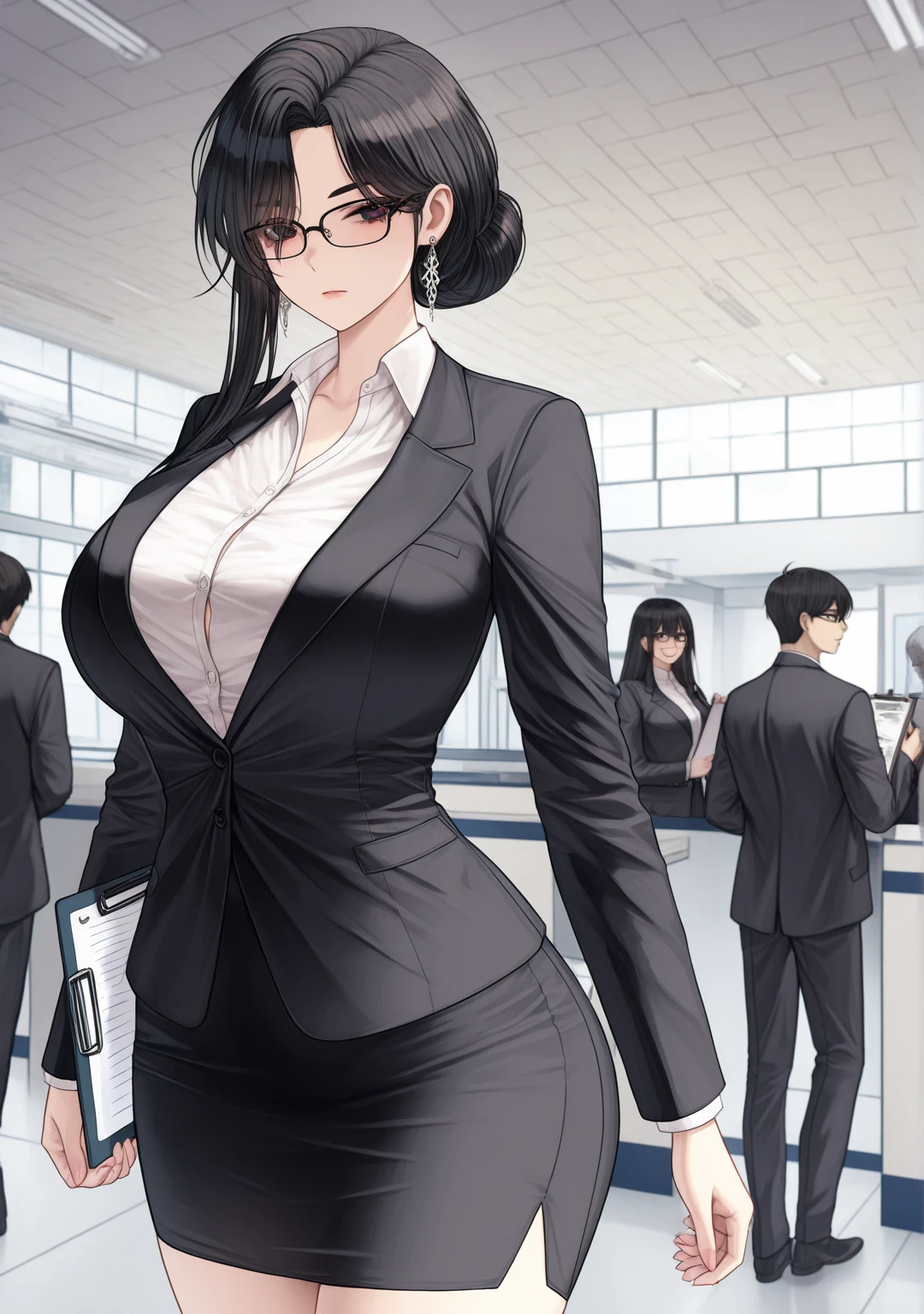 Misako standing, grey mini rock, white shirt, black jacket, black stockings, adult beautiful women, black hair, office, blue eyes, beautiful blue eyes, ,slim body, masterpiece,red lipstick, hoops earrings, makeup,sharp jawline, detailed face, detailed nose , detailed eyes,big breast, Glasses,long black tie,wolf hair cut ,full body view, black shoes,black hand gloves ,hair high ponytail, smiling,tall women