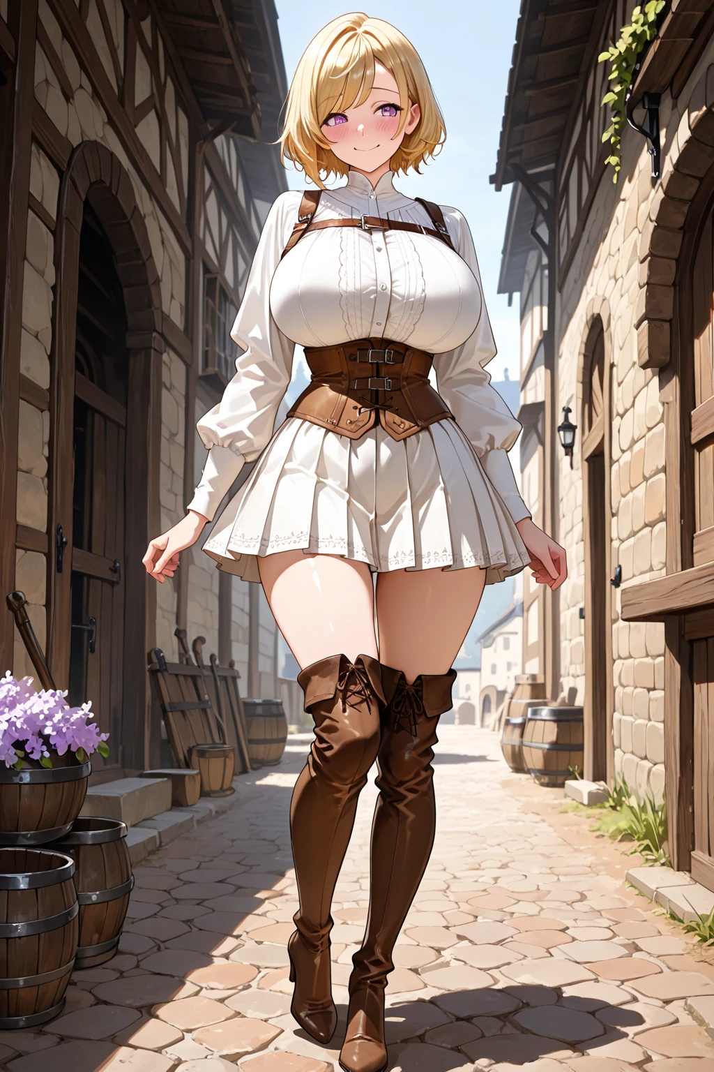 (Ashe) from Final Fantasy XII, long straight light-brown hair, (brown pantyhose legs:1.2), low wedge heel booties, fancy white blouse, pleated skirt, (huge breasts:1.2), (small hips), small butt, exposed cleavage, thin, skinny, fit, short, athletic, emphasis on her legs and feet, highly detailed face, dark eye makeup, beautiful girl, highly attractive, highly detailed skin, full body view, I can see head to toe, photorealistic, masterpiece, intricate details, HDR, 8k, backdrop of ancient ruins