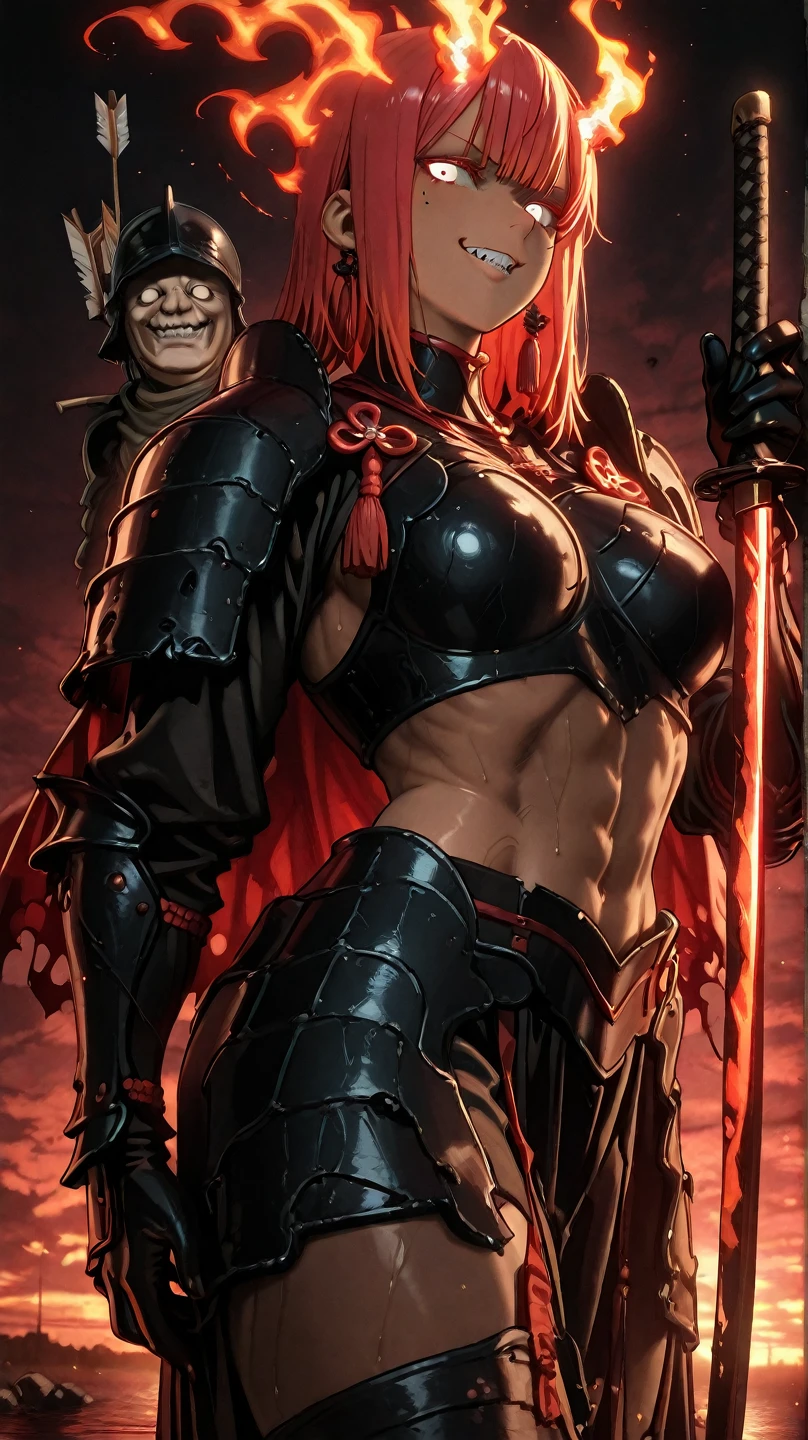 長い髪を持つbeautifulアニメ風の女性,(((Red Hair)))Long Wavy Hair,Transparent Hair,(((Highest quality)))Evil Eye,Frowning face,Extreme beauty,(((Red eyes))),Arrogant beauty,(((A well-defined, glamorous body)))((Huge bust))Tight waist,(((Bikini Armor)))黒色と赤色の際どいBikini Armorを着たExtreme beauty,(Beast Bone Armor),Wolf Ears,Wolf&#39;s Tail,((Extreme Armor)),((Armor exposing the chest, navel, and thighs)),Tan Skin,beautiful,(((swordsman pose))),((Holding a sword in his right hand)),(((detailed)))Full Body Shot,There are scars on the body,Countless scars,(((background)))fog,Red Moon,Countless mountains,Barren Land。
