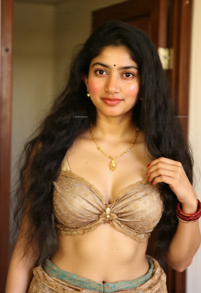 Gujarati ethnicity. Warm brown skin tone. Dark, expressive eyes (color can be adjusted later). Well-defined eyebrows. Long, dark hair, styled in a way that complements her face shape (e.g., wavy, braided, etc.). Consider traditional Gujarati hairstyles for inspiration. Confident and warm expression. Full lips with a hint of a smile. A healthy, toned figure with a balanced build. Avoid overly sexualized features. Include subtle imperfections like beauty marks or freckles to enhance realism. Consider incorporating traditional Gujarati jewelry like a bindi, jhumkas (earrings), or a delicate necklace. If you want to include clothing, opt for something elegant and timeless that reflects Gujarati culture, little chubby, wearing indian saari , with big