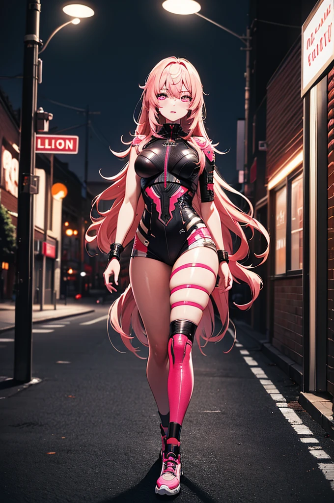 masterpiece,
 highest quality,
 High resolution,
 Ayami,
 Very long hair,
 Both sides up,
 hair ornaments,
 night,
 cyber punk,
 Masterpiece,
 city,
 street, 
 Bodysuits,
 gloves,
 Knee-high boots,
 Are standing