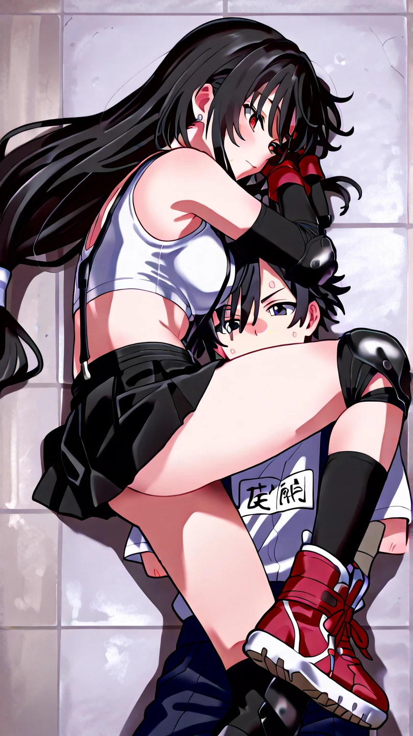 Make an 1 wrestling girl , black short hair bangs , black and dark blue gear , with an other girl with pink and purple hair with dark blue gear , gray background