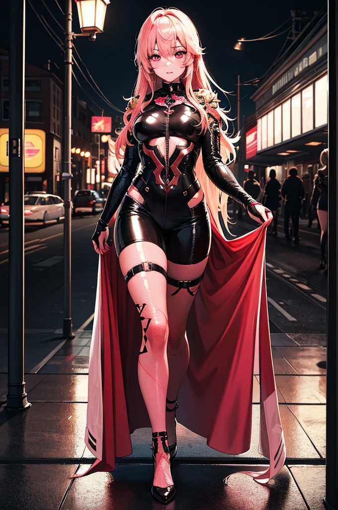 Mio Naruse (best quality,8k,ultra-detailed,realistic), extremely detailed photo of a (((20 year old))), black girl, scarlet witch, wearing black lace dress, open red leather jacket, black pantyhose, model photoshoot, photography, studio lighting, professional, vivid colors