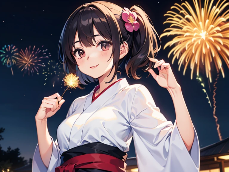 masterpiece, best quality, 1girl, solo, <lora:hin-5:1>, long hair, little smile, kimono, night, fireworks sky,