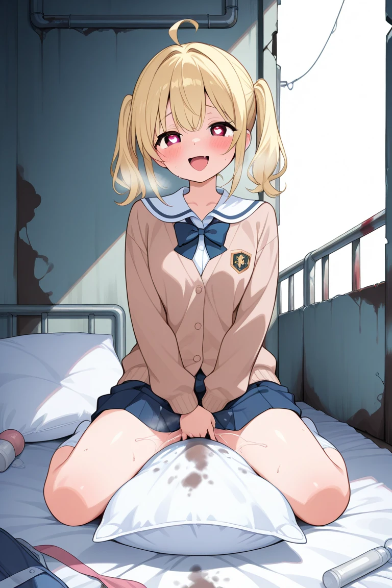 Browsing Caution,(Petite),(Cute man's daughter),((Penis in the crotch)),(((Cum in underwear))),blonde low twintails,Maid clothes,(Solo masturbation),Ecstasy face,Erotic sound effects,((Nipple climax))