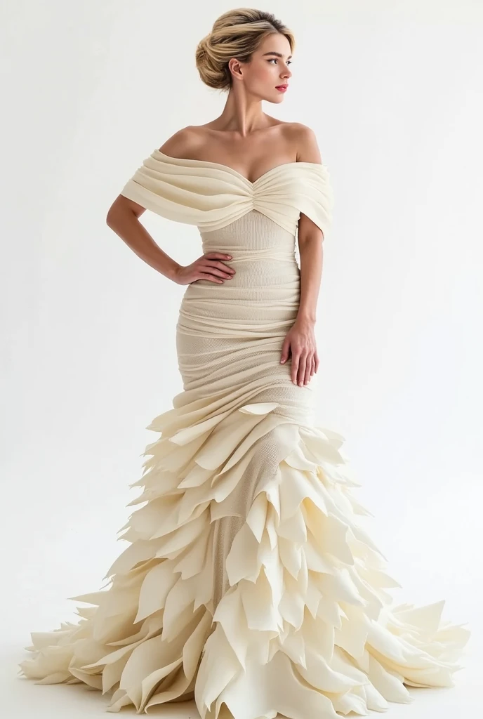 hyperrealistic fashion photo shooting,A female model in a floor-length, off-shoulder gown made from densely packed white gardenia petals, their creamy, overlapping surfaces forming a smooth, satin-like fabric that drapes elegantly with soft folds, posed with one hand on hip and head slightly tilted, captured with a Canon EOS R5, 85mm f/1.4 lens, soft key light at 45 degrees, bright fill light, f/2.8 aperture, ISO 100, hyper-realistic textures, pure white backdrop.