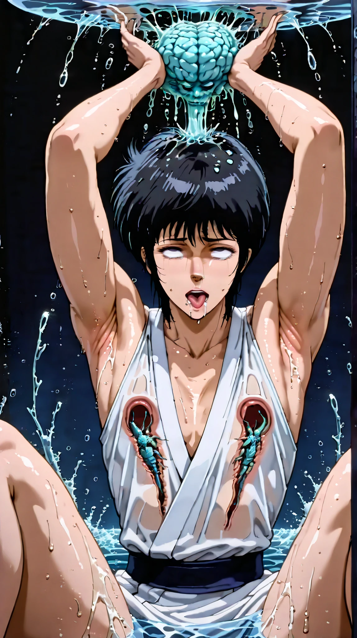 ((One mature woman))　(((Saggy super big breasts))))　(Full nudity)　((No makeup))、(Get angry:1.0)　(50 years old)　((Concrete basement))　Black Background　((Wet and disheveled black hair))　((Close-up of face from above while lying on bed))　(Black nipples)　(Full body restraints)