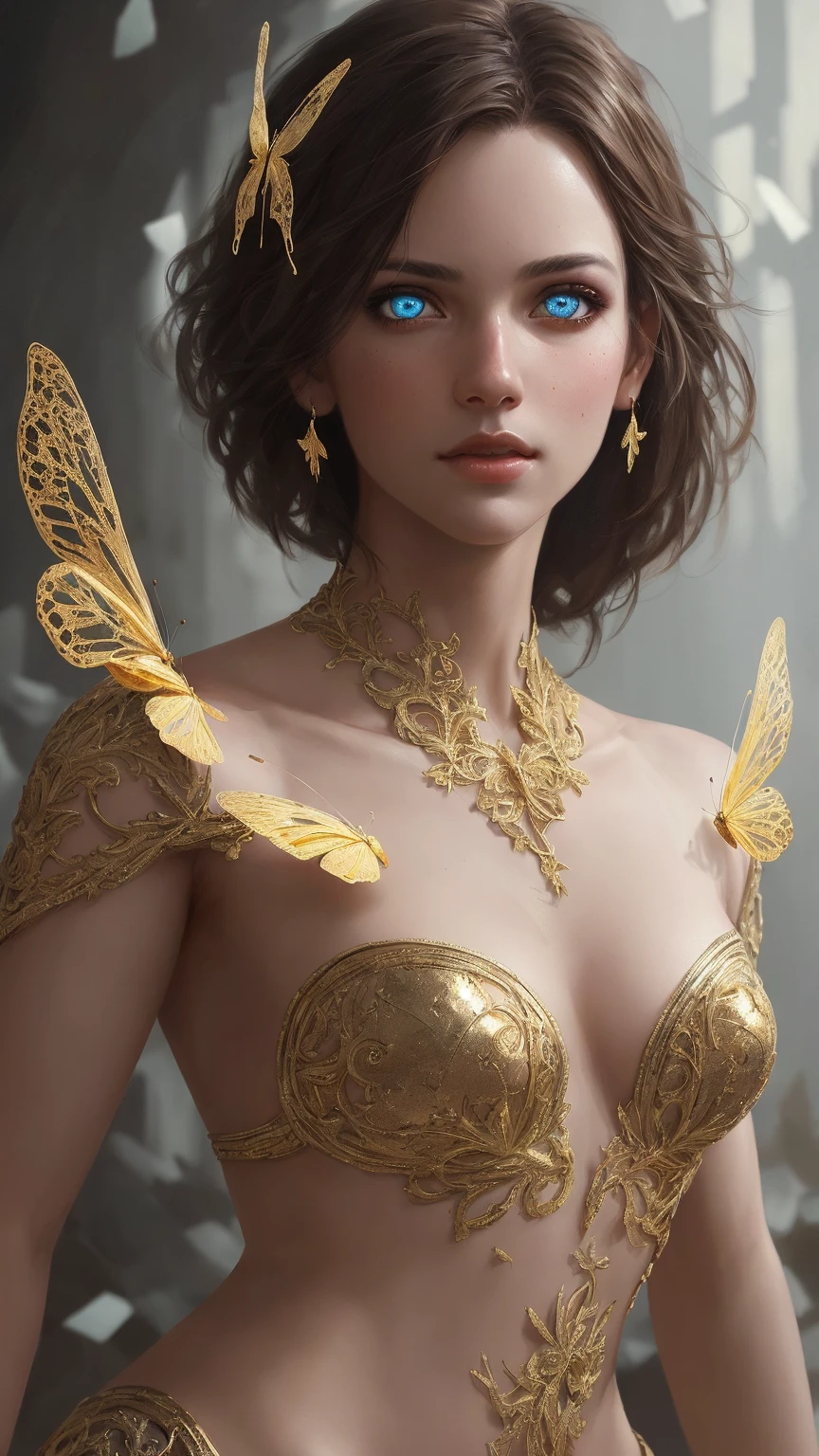 8k portrait of beautiful cyborg with brown hair, intricate, elegant, highly detailed, majestic, digital photography, art by artgerm and ruan jia and greg rutkowski surreal painting gold butterfly filigree, broken glass, (masterpiece, sidelighting, finely detailed beautiful eyes: 1.2), hdr.