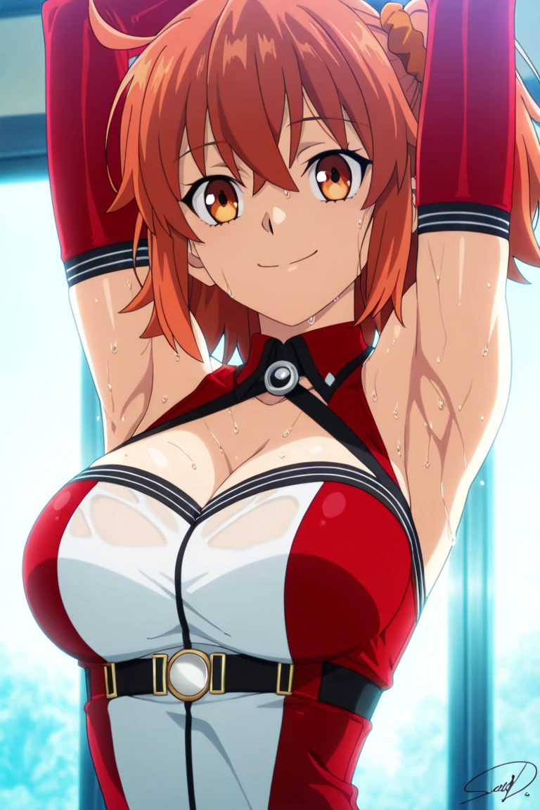 masterpiece, best quality,8k wallpaper, blue eyes, upper body,kousaka honoka, breasts , (plain red bodysuit),in street , solo, earrings , blushing , night , smile,:D, one eye closed , navel ,(heart shaped cutouts:1.1), spoken heart