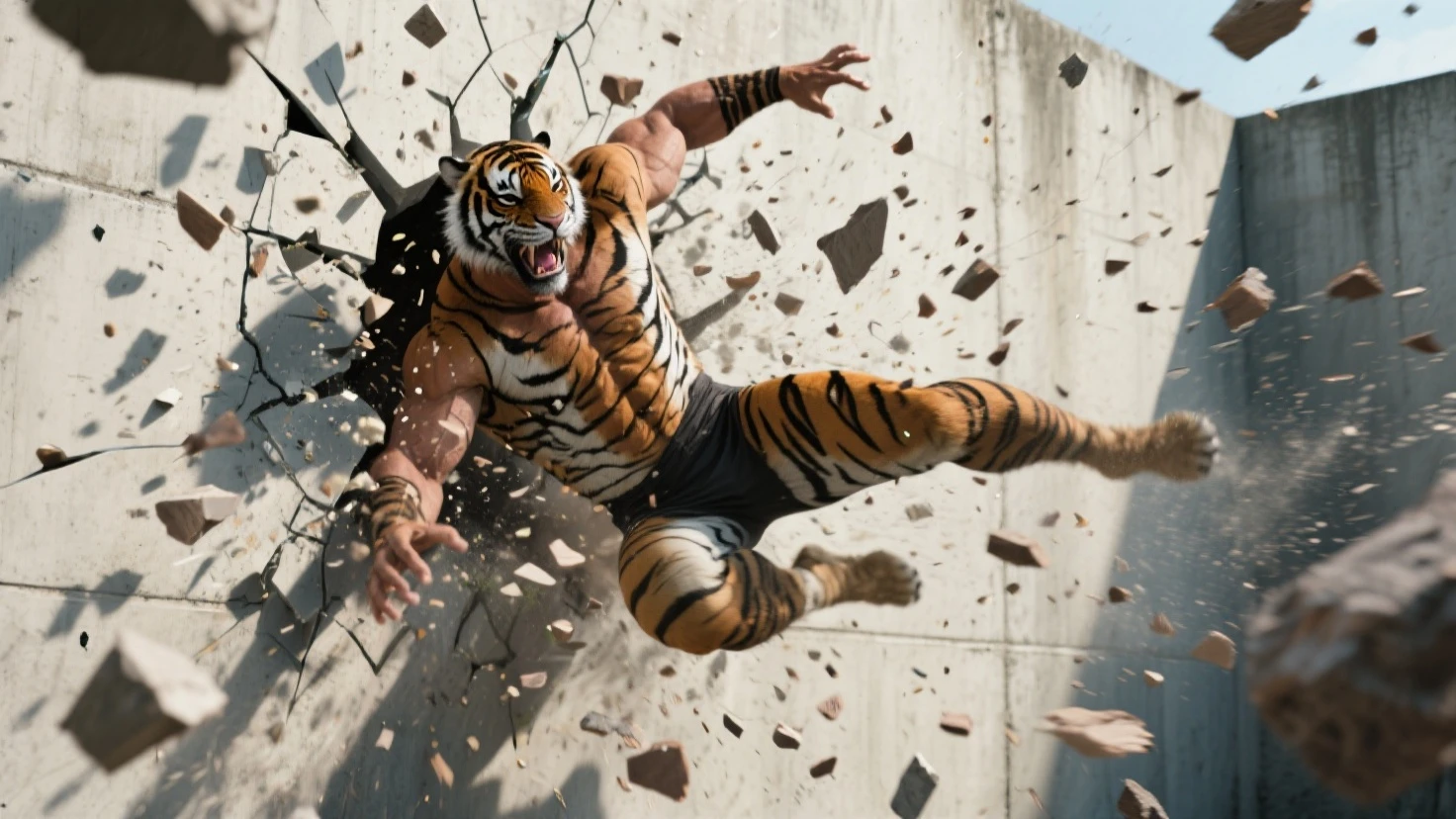 Running Tiger、Jumping pose、Very huge muscles、Tiger looking sideways、Black shaggy hair、Extremely large bulging crotch underwear、Male genitalia outline、Lots of pubic hair、Very long armpit hair、Thick chest hair、Composition looking up from diagonally below、Barking tiger、Concrete Background、Pose with both hands raised up、Long body、very short legs、Sharp claws on the toes、Hairless head、Bristling fur all over the body、Howling pose、Upward facing face、Very long and profuse armpit hair、tiger tail