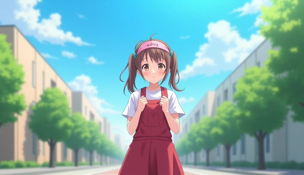 masterpiece, Highest quality, Nico_Yazawa,High resolution, 1 Girl, alone, Brown Hair, short hair, Twin tails、Purple eyes, Cowboy Shot, Frill dress, , Pink Dress, ()、(Beautiful thighs)、city, Outdoor, garden, Carrying a red backpack, (randoseru backpack:1.2) Sweaty、Thick thighs、Highest quality、4K、One girl, 8-year-old, change, cute, Grin, 、、Striped 、In the city、Many passersby are surrounding the girl..、、Thick thighs、Confused face、A man holding his  and girls surrounding him、 from the 、、、（）With projectile、