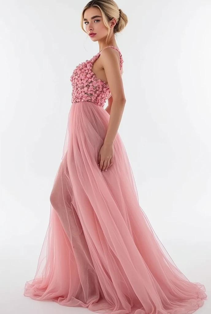 hyperrealistic fashion photo shooting, A female model in a flowing maxi dress made from delicate cherry blossom petals, their soft pink layers forming a chiffon-like fabric, posed with a gentle sway, hyper-realistic floral textures, bright studio lighting, pure white backdrop.