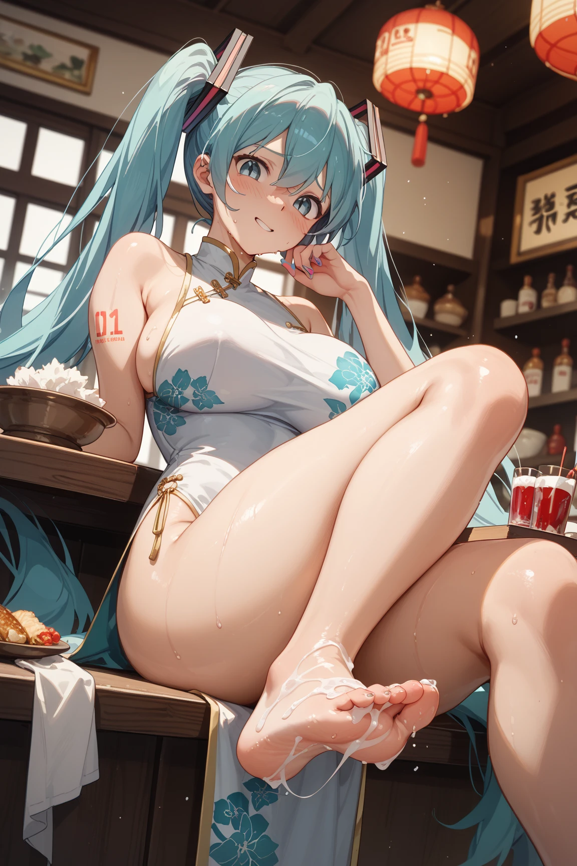 High resolution, high quality, One girl, Anime Girls, Light purple long hair, blunt bangs, Light purple eyes,heart shaped pupils,[[pale skin]],Glowing Skin, Large Breasts,beautiful breasts,pointy breasts,long nipples,(Big Ass),beautiful ass,ahegao,sweat,wet,Tank Top,red highleg waitress,lower body,open legs,Groin tattoo,glowing tattoo,at cafe,cherryblossom,(Banana juice),(lemon juice),(orange juice),(Pineapple juice),(Mango juice),(water),