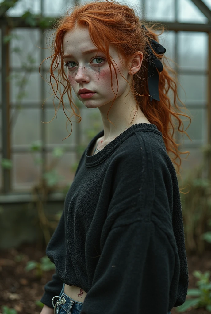 Make a redheaded child, leaning against something, facing forward, dead