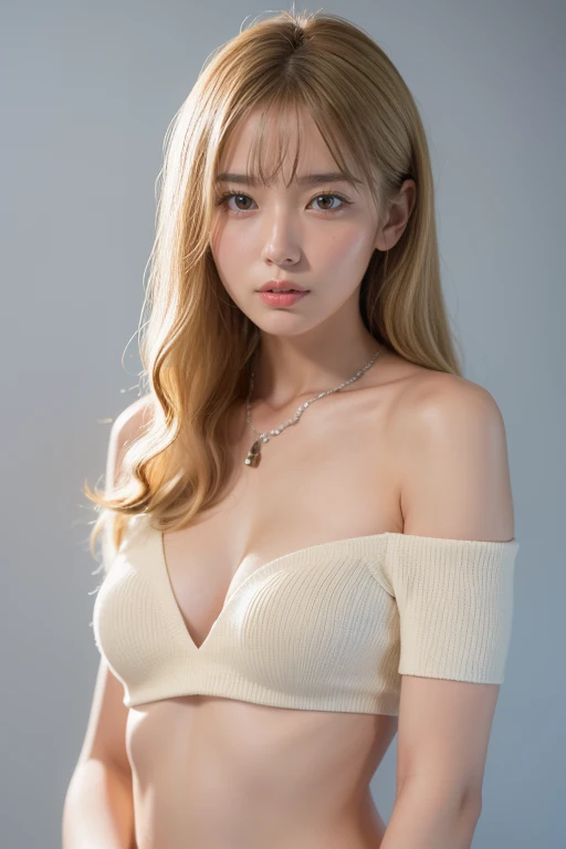 1 Girl,Married women、 Age 25, alone, Long Hair, Huge , Looking at the audience, blonde, Bare shoulders, Brown eyes, gem, whole body, necklace, Off the shoulder, sweater, Realistic, sexy