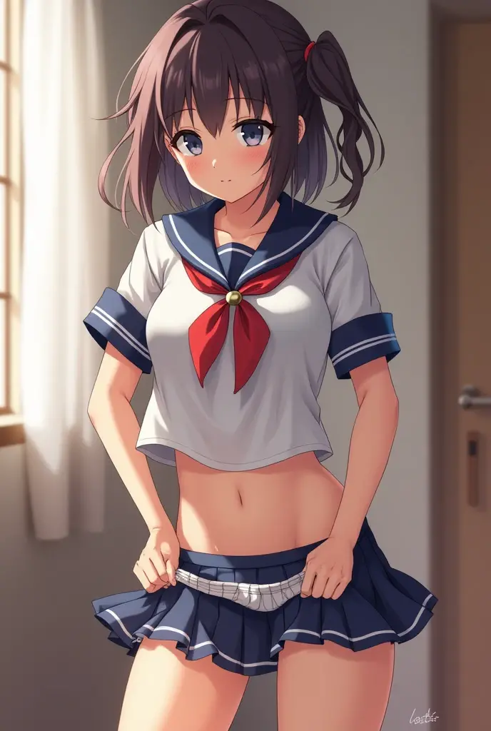 (8k, RAW photo, best quality, masterpiece, soft cinematic lighting, soft color:1.4),(ceiling, iook at camera,face focus:1.5), (realistic), (indoor background), (solo, mature woman,19years old:1.3), (sailor uniform,underboob,low-cut miniskirt,sheer :1.3), (embarrassed,red Cheeks:1.25), party chignon bronze color hair, clean skin, (smaller butt:0.9),(huge long wide heavy breasts:1.4), (thick, curvy:1.3),(very skinny:1.3)