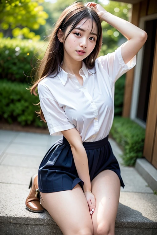 (reality: 1.4),highest quality, masterpiece, high detail, 16K quality, beautiful, 1 beautiful girl,japanese,super beautiful face,baby face,japanese idol face,cute face,super detailed face,detailed hand,beautiful skin,oily skin,big eyes,profeccional lighting,long hair,black hair,brown beautiful eyes, big breasts, white blouse,open button,(checked mini skirt),white panties,(showing panties),black high socks, (Sitting with Knees Up on desk),spread legs,smile, she is looking at the camera,classroom, nsfw,from below,standing,skirt lift,