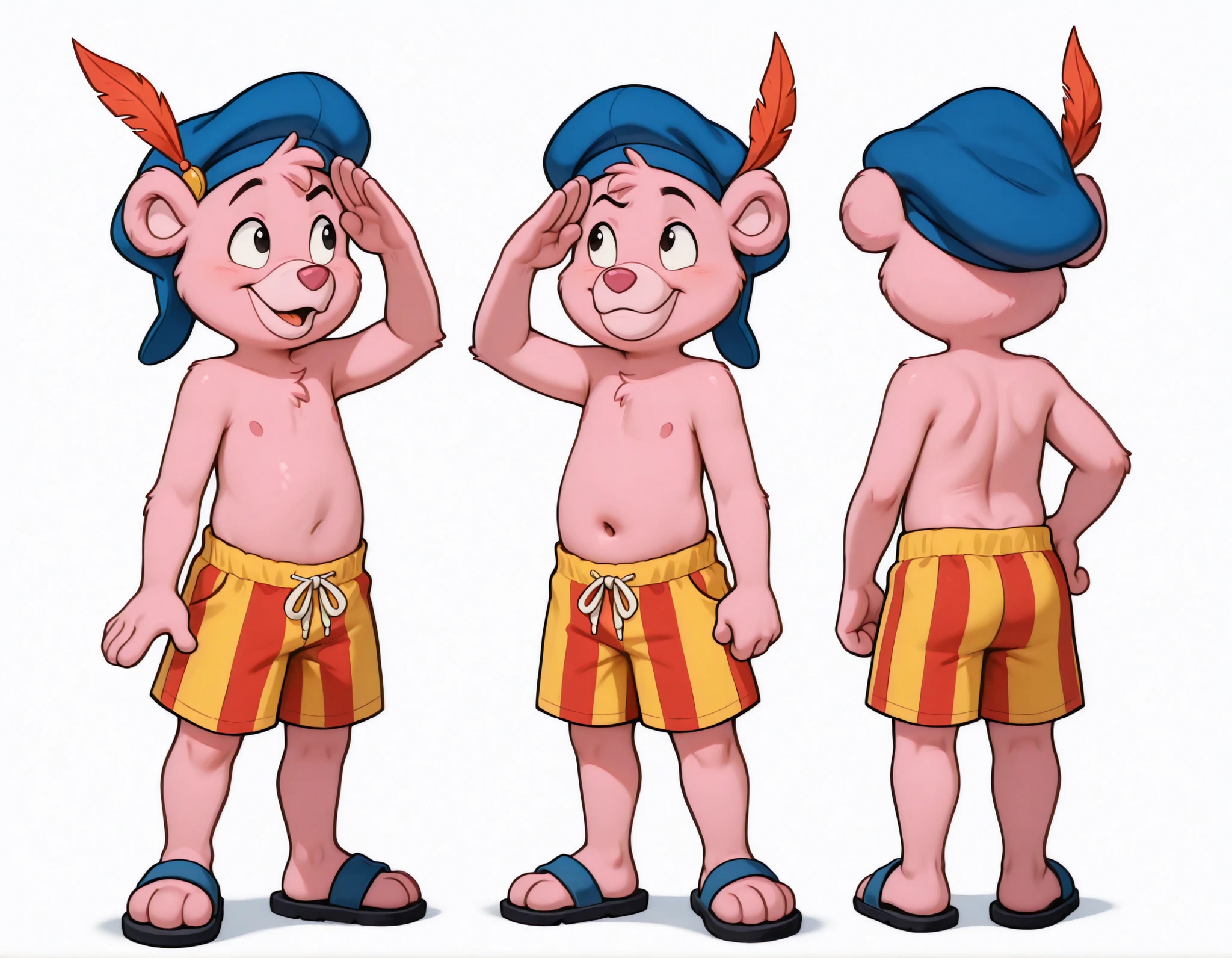 score_9, score_8_up, score_7_up, (masterpiece, best quality, very aesthetic, absurdres, source furry, artist:sakura, shaded, cubbigummixl, amazing quality, absurd res, newest, masterpiece, anthro, solo, pink bear, blue hat with feather, striped swim trunks, topless, sandals, action stance, white background, simple background, salute, confident, raised eyebrow, sexy, full body, anime style, glistering body, navel, shiny body, full body, standing, (young cub:1.2), whimiscal, fun, playful, epic portrait, looking at you, character ref, multiple views, frontal view, side view, back view,