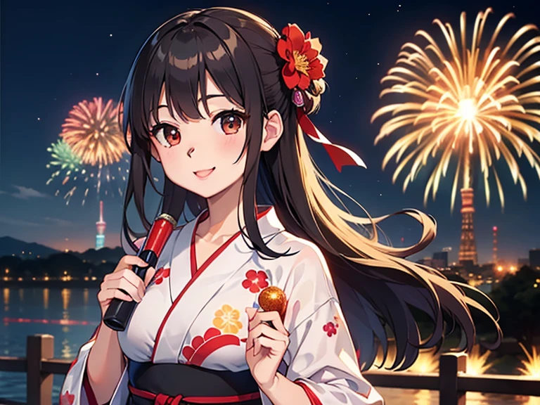alone, One girl、Crown braids in the same color as your hair, hair ornaments, Hair Ribbon,(A light blue kimono with a red floral pattern and a red obi.)、Red Eyes、Black Hair、(blush:1.6)、(Profile of a smiling face with his mouth open:1.6)、Larger breasts、(The background is fireworks at night)、Looking up at the fireworks