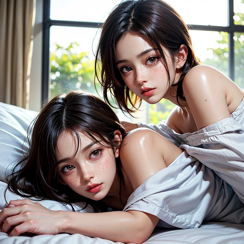 2girl, twins, both pregnant, kissing each other, grabbing each others breasts, both naked, both nude, both no clothes, both no underwear, both no pubic hair, both very large breasts, both flat medium length hair, both looking up at me, she is squatting down on me, I am standing in front of her with my dildo in her hand, lots of white cum dripping out of my dildo, both with lots of white cum on their faces, both girls are smiling with pleasure, photo taken from my perspective, looking down at the girls, photo zoomed out, at noon, at times square new york, photorealistic, best quality, hyper detailed, realistic eyes, show no hands in the picture, detailed lips, 8K, . She should have a fit body, a large bust, a narrow waist, wide hips, and a great rear. 4K RAW photos, high resolution, Nikon D850, Photographie de film ,4 Kodak Portra 400 ,camera f1.6 lentilles ,couleurs riches ,hyper realistic ,lifelike texture, dramatic lighting , Cinestill 800, (masterpiece, best quality), perfect face, beautiful face, alluring, big gorgeous eyes,
