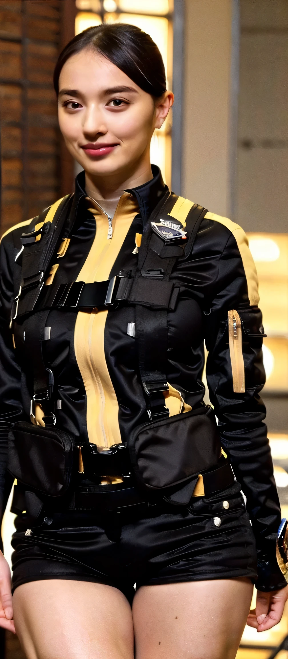 (   very realistic ), ( top quality), ((round,       SMALL AND PRECISE FACE      )),black gloves,black shorts, boots,jacket,shorts, black hair ,big boobs, big boobs, adult woman , Her breasts are so big and plump   .,  ,   The clothes are perfect for that figure ,Beautiful skin ,My nose is small,thin eyebrows,ponytail