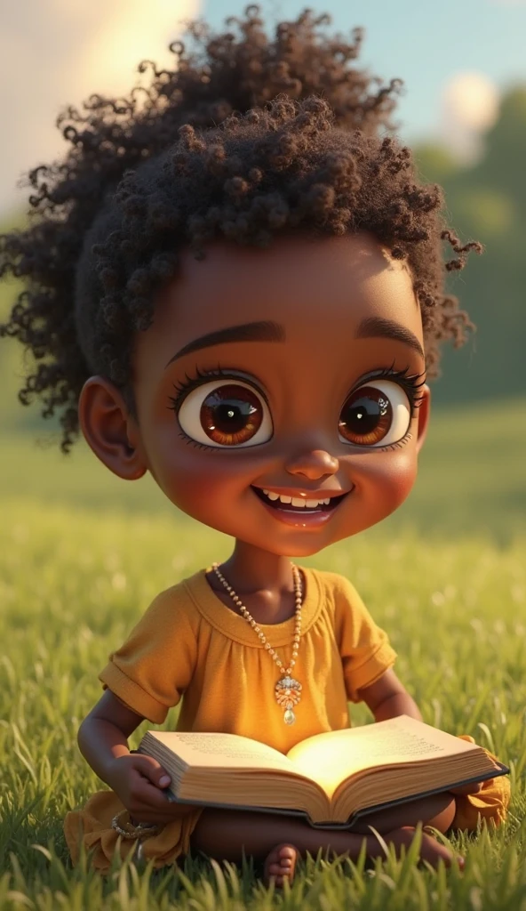 (Pixar style: 1.25) A portrait of a little girl sitting under a tree, black skin, natural skin texture, 4K textures, HDR, intricate, highly detailed, sharp focus, cinematic appearance, hyper-detailed