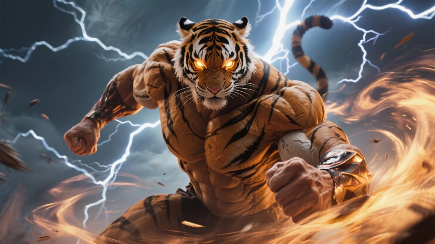 The tiger climbed the mountain hard,Bajiquan stunts,Pure mantra hard ginseng,Whole human body,Combat posture,Low viewing angle,Dim background,It was surrounded by a large amount of thick white fog,((an extremely delicate and beautiful one),((Men)),((lightning in hand)),Lightning surrounds men,((lightning chain)),Suspended crystals,There is lightning inside the crystal,unrealengine,巨作, the highest picture quality,highest resolution,8K,Extremely detailed images,Moon light,Shadow optimization,Realistic style