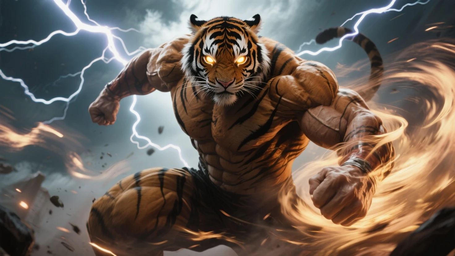 
“Create an image of a tiger in the style of JoJo’s Bizarre Adventure. The tiger should have exaggerated, muscular features, a dynamic and heroic pose, intense expression, and manga-style action lines. The background should be vibrant with dramatic, colorful bursts.”
