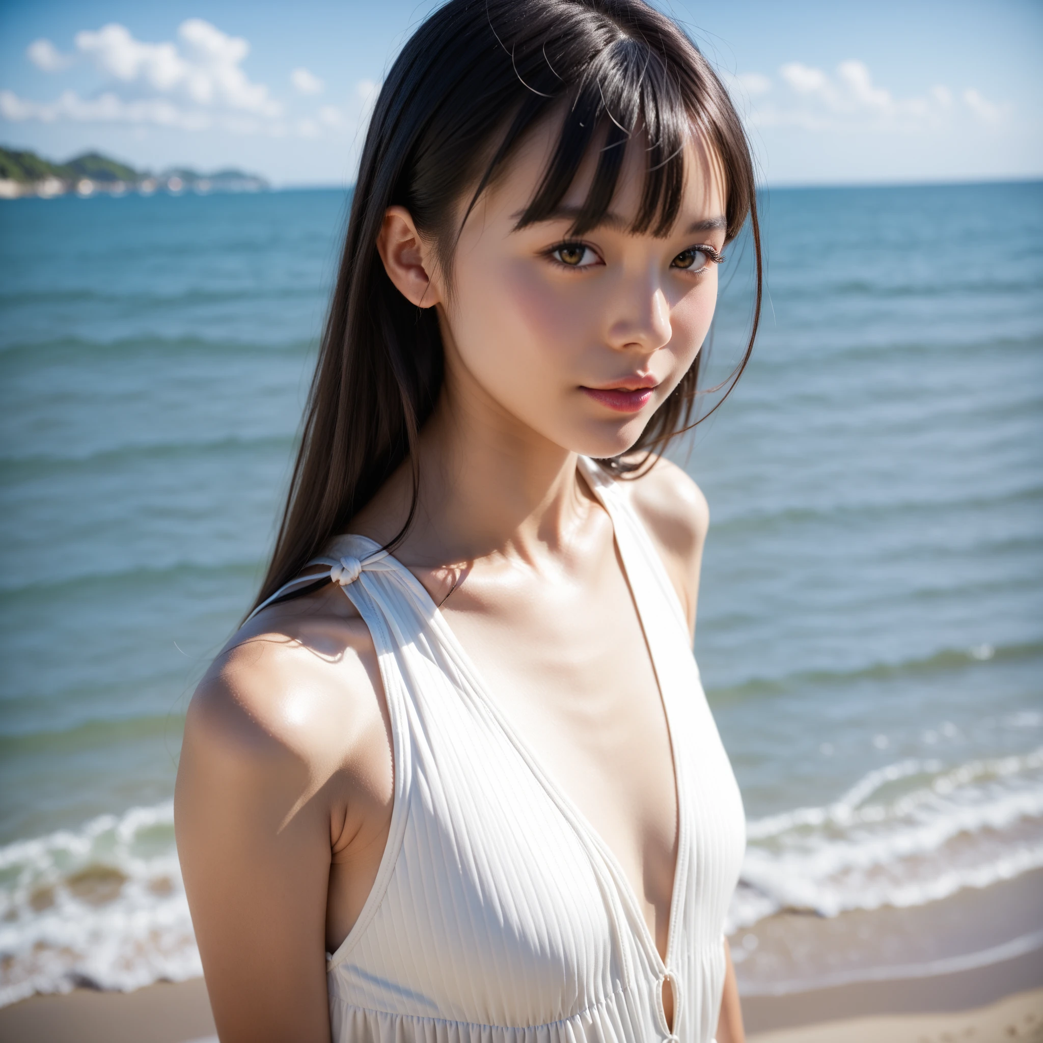 8k, masterpiece, RAW Photos, Highest quality, Realistic, Very detailed, Depth of written boundary, Cinematic Light, Anatomically correct body,
(An elegant and beautiful mature woman:1.2),
Wavy black long hair, Very beautiful face, Exquisitely detailed face, Goddess-like deity々Beautiful, (Glamorous Body:1.5), Very sensitive skin, Transparent white skin, Beautiful and bountiful breasts, Sexy ass, Sexy thighs,
(White high-legged swimsuit:1.5), Detailed cloth texture, Gorgeous necklace, Gorgeous earrings,
Starry sky background, Dark sandy beach at night, Pitch black sea surface,
(Beautiful back view:1.5),