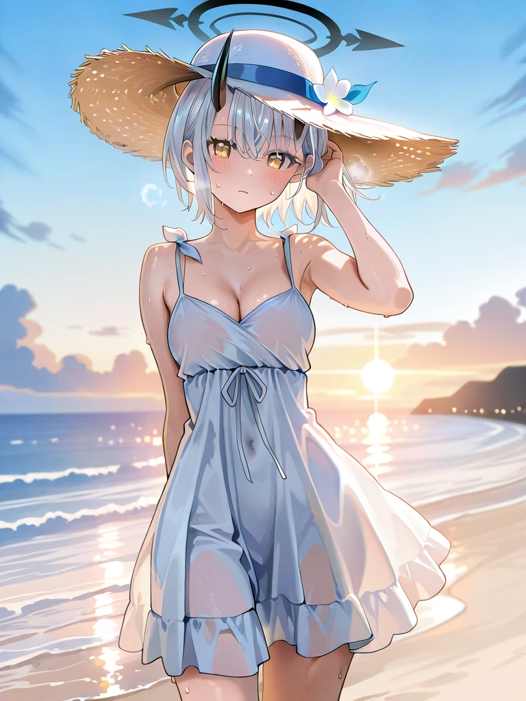 masterpiece、Massive landscape((Mysterious Sea、sand beach))、a beauty girl、huge tit、Silver-haired shorthair、Embroidery on a long dress、Straw hat with floral decoration
