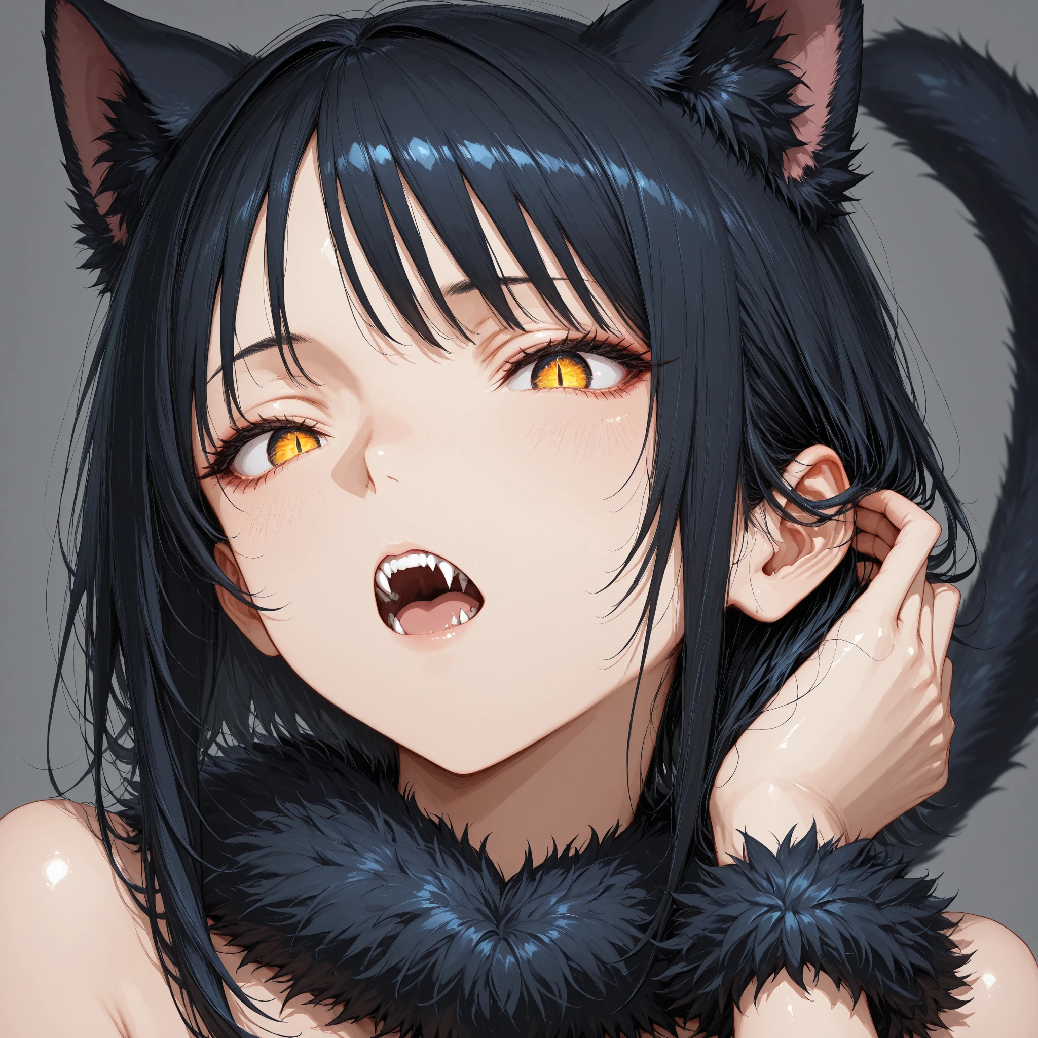 Cartoon wolf girl with open mouth showing teeth , ((((1 girl)))), (((((furry female))))),(furry), ((((alone)))), animal nose, ((All black hair)), (((saliva))), (((sharp teeth with large round tips))), throw, ((((close up face)))),((back tooth)), (front tooth), ((shoot from below)),looking at the scenery, no background, (open your mouth) ,big tongue
