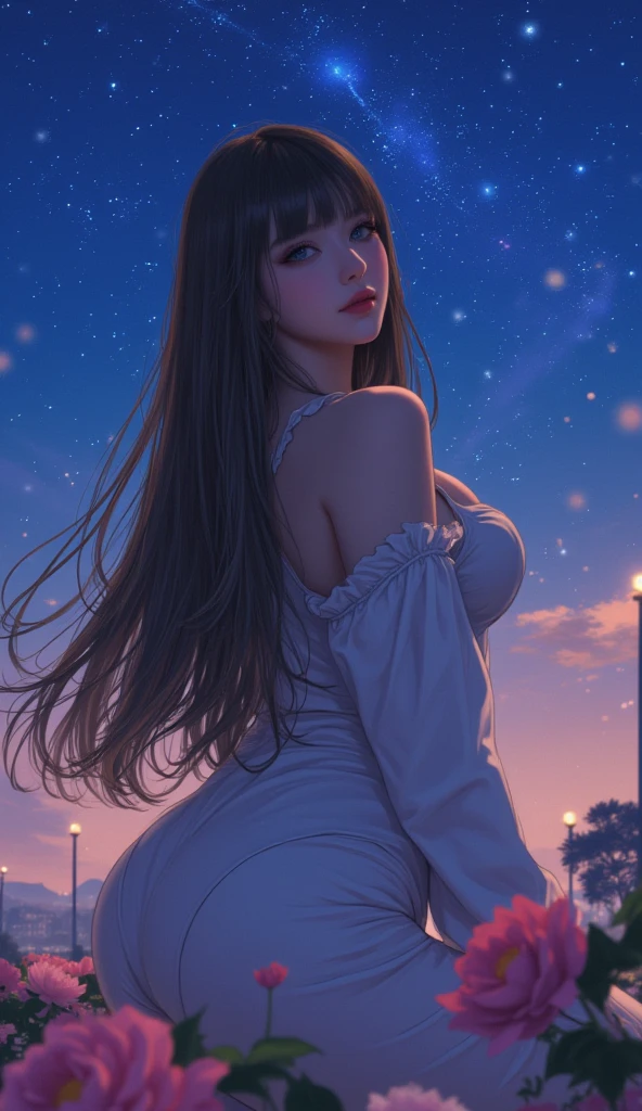 (masterpiece:1.5, Highest quality, Very detailed、 Dutch Angle、Semi-realistic、Fantasy)(One Girl, alone)(White and beautiful hair:1.4,,Straight Long Hair)(White based dress)、((Off the shoulder、Mid-chest、ruby necklace))(from back side,The buttocks are slightly visible、Legs wrapped in tights)(Beautiful starry sky、Mystical Night、Particles of light float around the woman、Fantasy space)