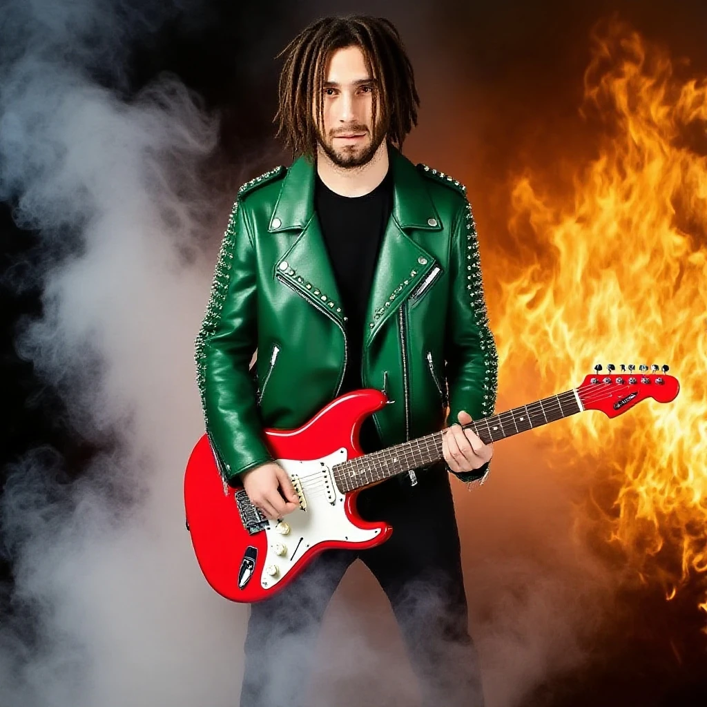 cinematic photo photo, dark theme,
longhaird lsd addict in green punk_sueter made of leather, in lost place guitar room,
old cigarette smoke disturbing the air,
non shaved cheeks, looking to viewer . 35mm photograph, film, bokeh, professional, 4k, highly detailed