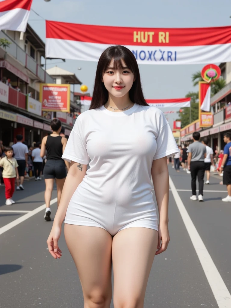 (Canon RF85mmf/1.2,masterpiece,Highest quality,Ultra-high resolution)((Beautiful Curvy Naked Woman 24 Years Old Solo)) ((Highest quality、8K、masterpiece))((Photogenic quality:1.5))Plump body、((Plump round face))((A happy smile showing teeth))Super detailed face、(Beautiful face with droopy eyes)(A full-body figure standing naked from the waist down, wearing only a T-shirt:1.5))((Accurate human body depiction:1.5))、Plump thighs、Depiction of wet female genitalia、Blonde straight hair、On an empty city street、Dazzling midsummer sunlight、