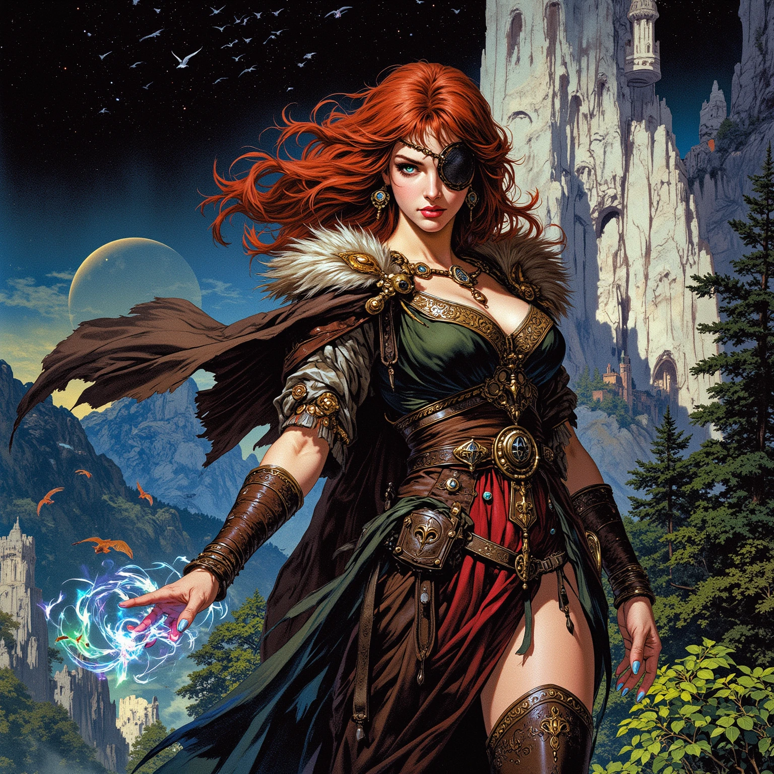 (masterpiece), cartoon, best quality,(photo_(medium):1.0), by Antonio J. Manzanedo, by Jeremy Lipking, lightning, in a surreal Scotland highlands scenery, painting style with watercolor, Brushstrokes, colorful,vibrant colors,1 ultra hot gorgeous woman, curled ginger hair. Merida from Disney brave in sexy S pose. Stormy weather. Large breast.