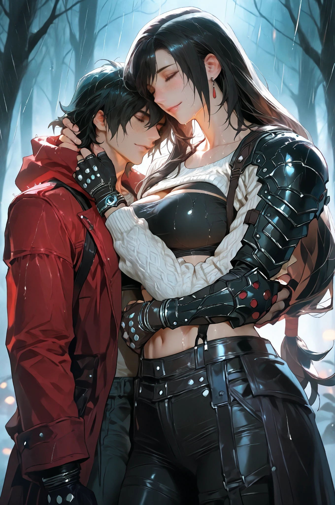 A tall, 190cm muscularly lean 19 year old man with messy curly black hair, a sharp jawline, sharp eyes, red left eye, green right eye, wearing a white cloak and black T-shirt, carrying a short, 150cm muscularly lean and slim 19-year old girl with really long silky black hair, big blue eyes, plump cheeks, a sharp jawline, big breasts and muscular forearms and calves, wearing a black hoodie. Holding katanas, in a war. Couple. Kissing. 