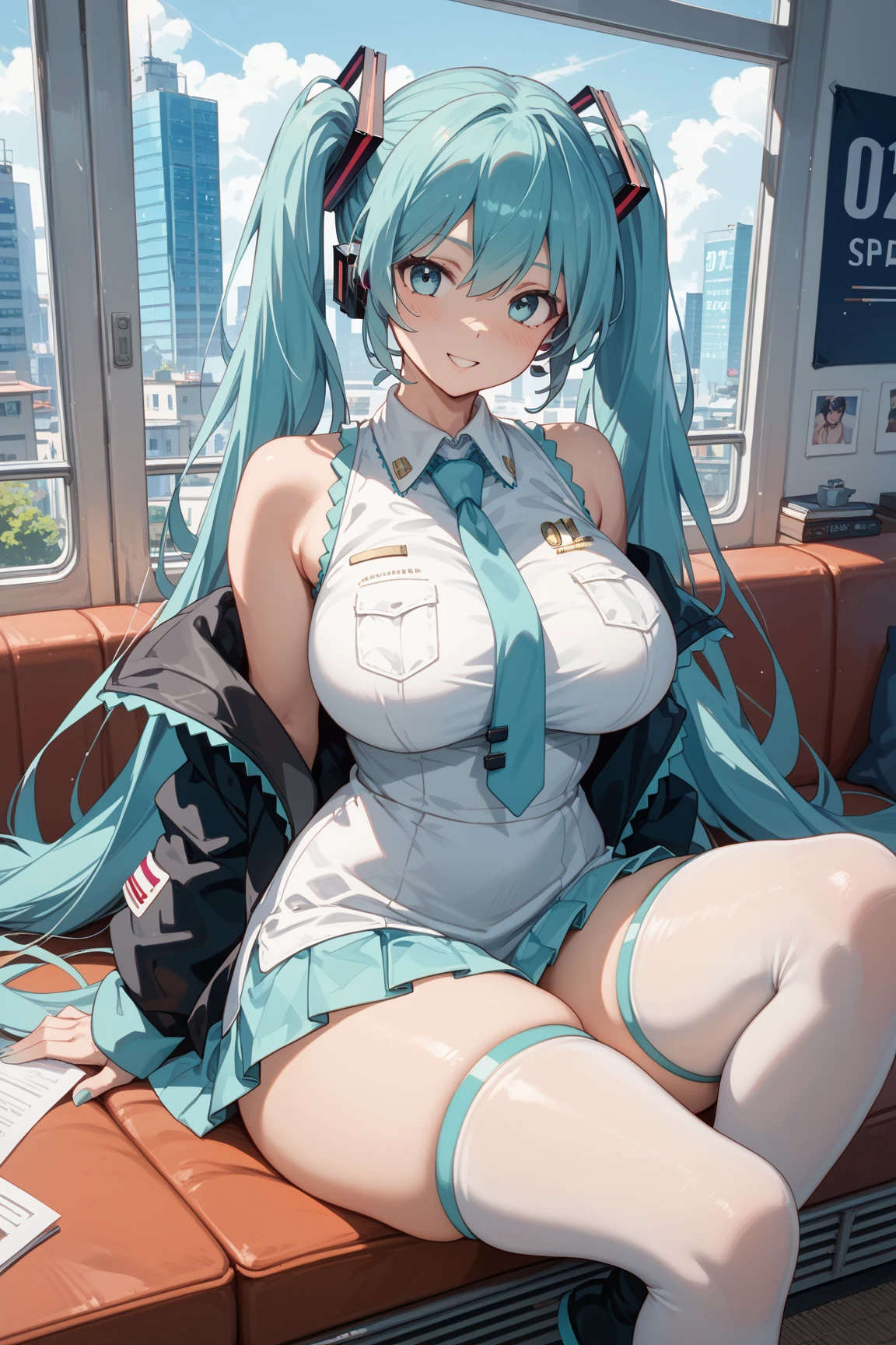 Anime, female, light blue hairs, yellow eyes, long hair, ponytail, massive boobs, sports wear, thigh, bare shoulder, collarbone, sitting, looking at viewer, in building,