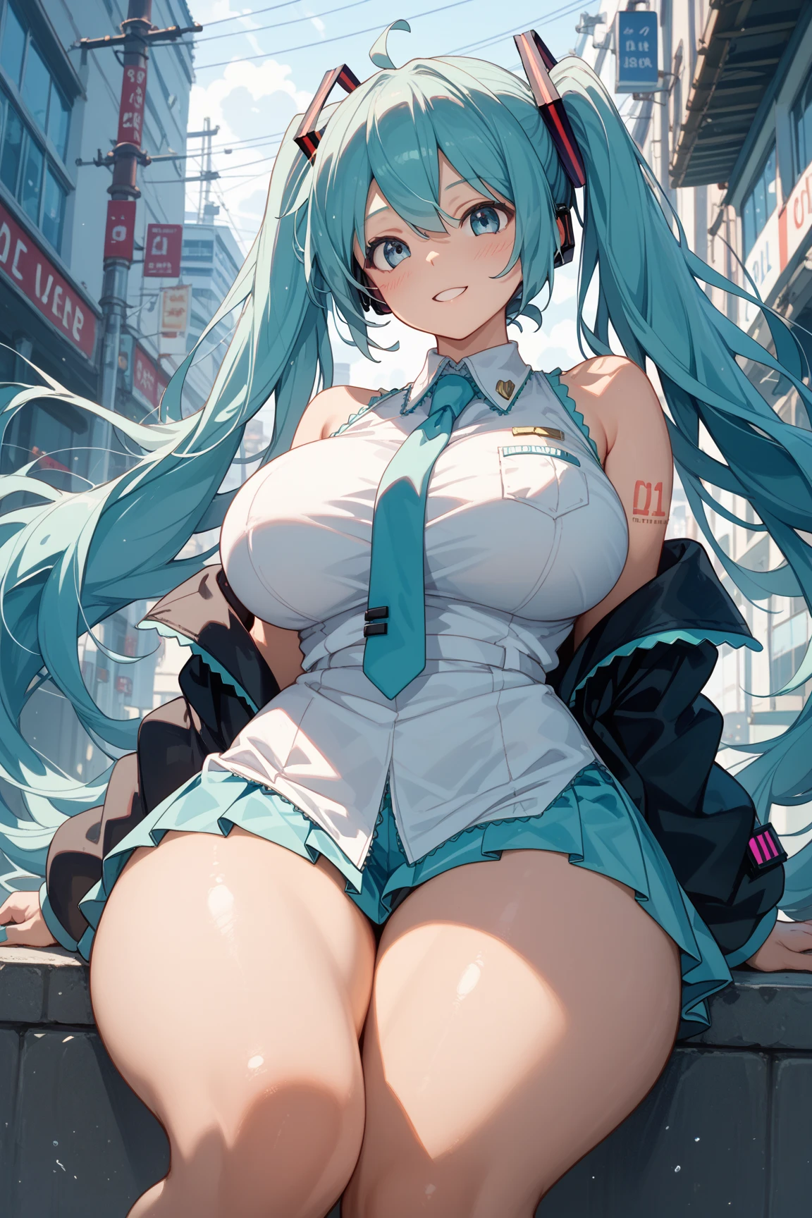 Erotic manga、High resolution、Hatsune Miku、Ecstatic expression、A clerk making a sex appeal in the office late at night、Perfect proportions、Cowboy Shot、Very large breasts、Fatty thick legs、Sweaty