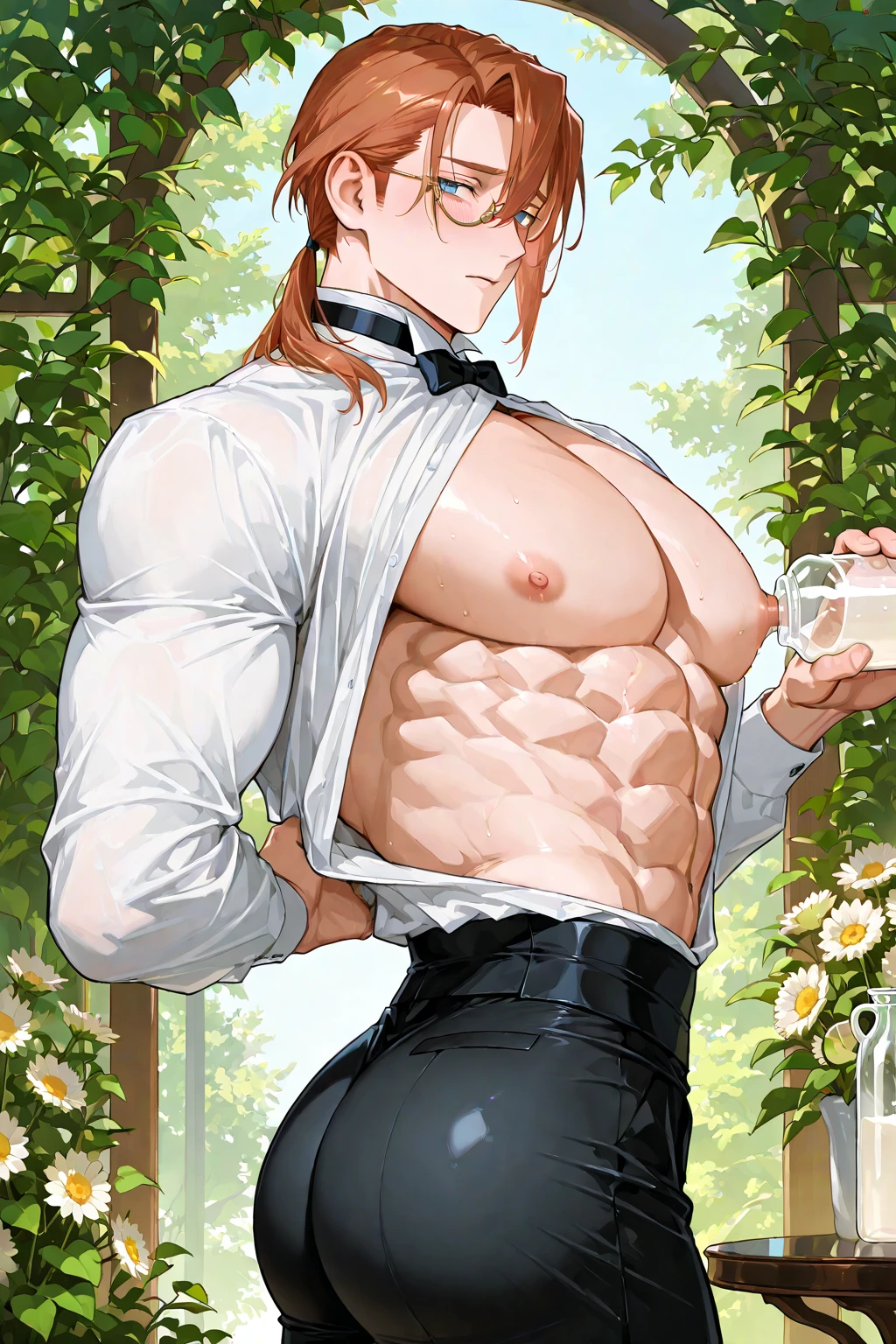 vane /(granblue fantasy/)、muste piece, ,NSFW,best quality,male,solo,beautiful detailed skin、Glittering oiled skin,blush、(black apron, cafe uniform,detailed face,blush,Panting、orgasm:1.2), complicated and elegant、sexy、 Strong muscles、spread legs,(anal,penis,sex,projectile cum,semen,:1.3),kitchen

