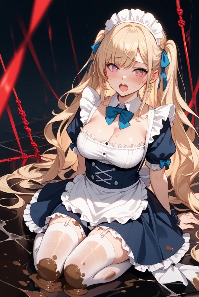 piperBS, 1girl, blonde hair, hair bun, blue dress, puffy sleeves, short sleeves, pink gloves, fingerless gloves, pink belt, shoes, blue footwear, (((black gagged:1.4))), cute and blushing 18 years old anime girl, look away because she is embarrassed and blushes, bright blue eyes, detailed face, detailed members, detailed arms, detailed hands, Girl lying, tied by ropes, shackled, can no longer move, tied tightly, very hard tied up with lots of ropes, hampered by so many ropes that she can no longer move, bound hands and feet, ropes tie his whole body, tied extremely tightly and forcefully to her bed by a lot of ropes, its limbs are strongly tied together by ropes, his torso is tied up with thick cords, her chest is so tied up with ropes that it sticks out, her legs are tied tightly with thick ropes, his hands are tied behind his back with ropes, she can no longer move her feet, her hands which are tied by thick ropes, she desperately tries to free herself, likes to be tied tight with big ropes, likes to be immobilized by big ropes, lying down, his hands and feet are strongly tied to the railing of his bed, his legs are pressed together and tied with ropes, its limbs are held vigorously by imposing ropes, her hands are tied securely behind her back by ropes, her chest is compressed by strong ropes, she is pressed against her bed and restrained by large ropes, (shibari, arms behind the back:1.4), (hands on the back), (masterpiece, best quality) 1.5, 1girl, solo, (sexy, beautiful woman, perfect face, perfect eyes, perfect hands), samus aran, (hands on the back), Spread the legs, s' ((lie in bed by big ropes)), ((close up of the girl)), ((((lie in bed)))), ((((arms tied behind the back, Legs Tied,La fille est allongée sur le ventre, La fille est allongée sur le sol:1.5)))), ((((girl seen from behind:1.4)))), ((((girl lying down on her stomach:1.4)))), ((((Outstretched arms:1.5)))), ((((Detailed hands:1.5)))), ((((bedroom decor:1.4)))), ((((realistic decor:1.4))))